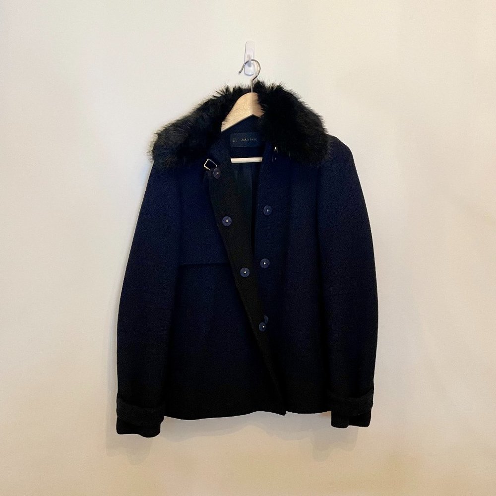 Short Navy Coat With Removable Faux Fur Collar